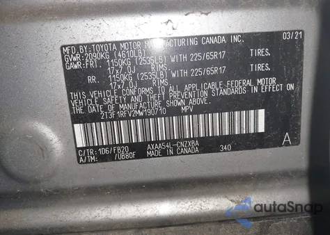 2021 Toyota Rav4 Le z USA, uszkodzony, nr VIN 2T3F1RFV2MW190710